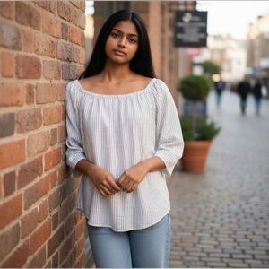 Stark X Small Oversized Off The Shoulder Blouse White Striped